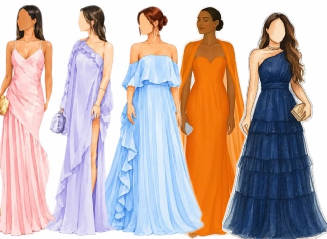 Ilustração de cinco vestidos longos: rosa, lilás, azul-claro, laranja e azul-marinho