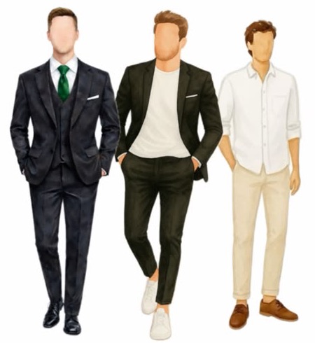 Ilustração de três looks masculinos: terno escuro com gravata, blazer com camiseta branca e camisa branca com calça bege